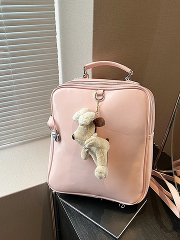 Vintage Damen PU Leder Quadratischer Rucksack Mit Plüsch Welpen Anhänger Preppy Stil Student Schultasche Reise Pendeln Mode Tasche