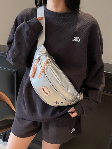 Women Casual PU Leather Chest Bag Cartoon Embroidery Waist Bag With Adjustable Strap Fashion Crossbody Shoulder Bag