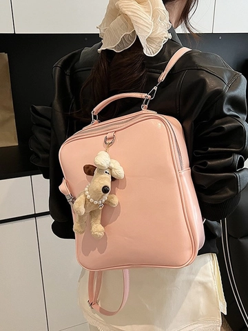 Vintage Damen PU Leder Quadratischer Rucksack Mit Plüsch Welpen Anhänger Preppy Stil Student Schultasche Reise Pendeln Mode Tasche
