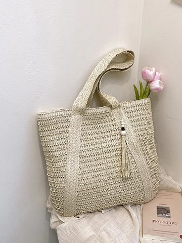 Large Capacity Straw Woven Tote Bag Women Summer Beach Vacation Bohemian Shoulder Bag With Tassel Decoration Woven Bag