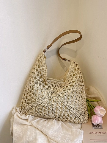 Women Woven Straw Shoulder Bag Bohemian Hand-Crocheted Hollow Out Tote Bag For Beach Vacation Casual Hobo Handbag