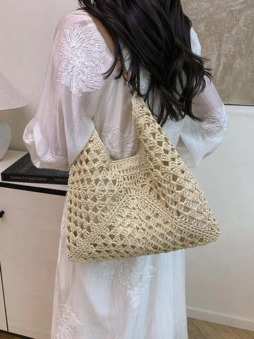 Women Woven Straw Shoulder Bag Bohemian Hand-Crocheted Hollow Out Tote Bag For Beach Vacation Casual Hobo Handbag