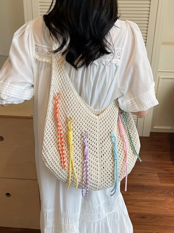 Bolso de Playa de Ganchillo para Mujer Malla Calada Gran Capacidad Bolso de Hombro con Borlas de Colores Casual Vacaciones Verano