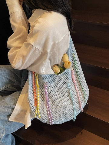 Bolso de Playa de Ganchillo para Mujer Malla Calada Gran Capacidad Bolso de Hombro con Borlas de Colores Casual Vacaciones Verano