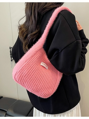 Bolso de Hombro de Punto de Felpa Estilo Coreano para Mujer Bolso Tote de Piel Sintética Color Sólido Moda Casual