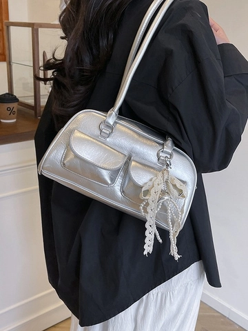 Vintage PU Leather Bowling Shoulder Bag For Women Underarm Bag With Front Pockets Pearl Lace Charm Y2K Trendy Daily Tote Handbag
