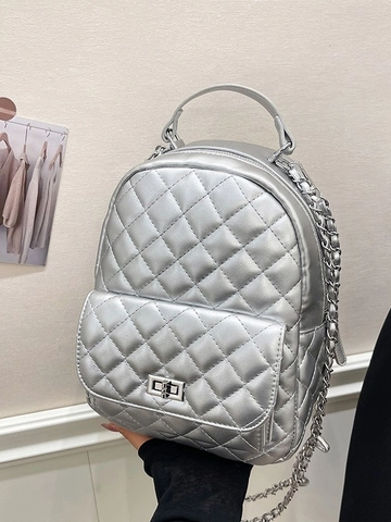 Fashion Women Quilted Rhomboid Backpack With Chain Strap PU Leather Mini Backpack Versatile Metal Lock Casual Travel Bag