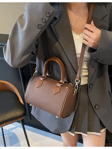 Women Fashion PU Leather Boston Bag Retro Cylindrical Handbag With Dual Handle Adjustable Shoulder Strap Commuting Crossbody Bag