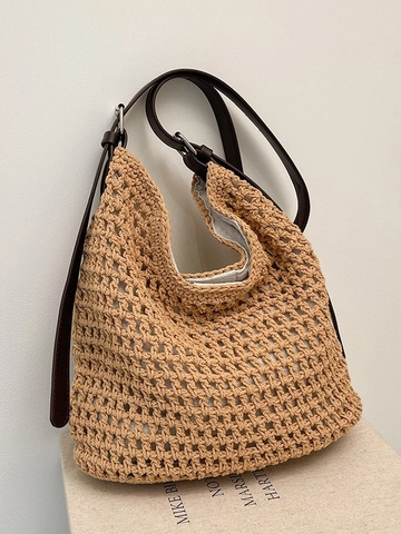 Damen Große Kapazität Stroh Geflochtene Eimertasche Böhmischen Hohl Netz Schultertasche Mit Verstellbarem Lederband Sommer Strand Urlaub