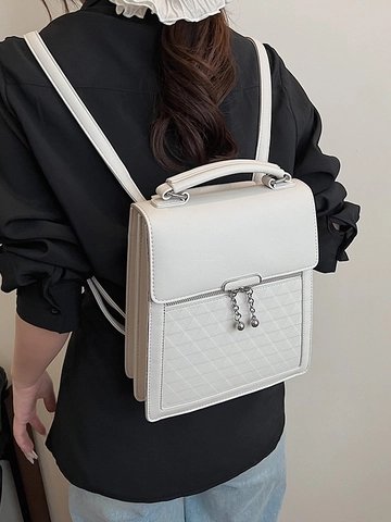 Korean Style Women PU Leather Backpack Multifunctional Geometric Quilted Shoulder Bag Solid Color Metal Ball Charm Handbag