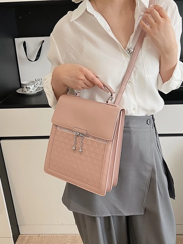 Korean Style Women PU Leather Backpack Multifunctional Geometric Quilted Shoulder Bag Solid Color Metal Ball Charm Handbag