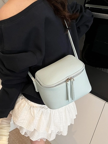Women Litchi Grain PU Leather Small Box Bag Minimalist Solid Color Crossbody Bag With Double Zippers Fashion Shoulder Bag