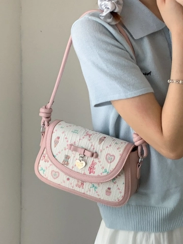 Bolso de Hombro Dulce Estilo Balletcore Cuero PU Estampado Oso Conejo Dibujos Animados Colgante Corazón Lazo Bolso Mujer