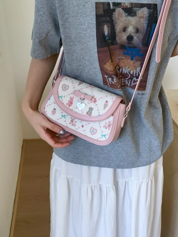Bolso de Hombro Dulce Estilo Balletcore Cuero PU Estampado Oso Conejo Dibujos Animados Colgante Corazón Lazo Bolso Mujer