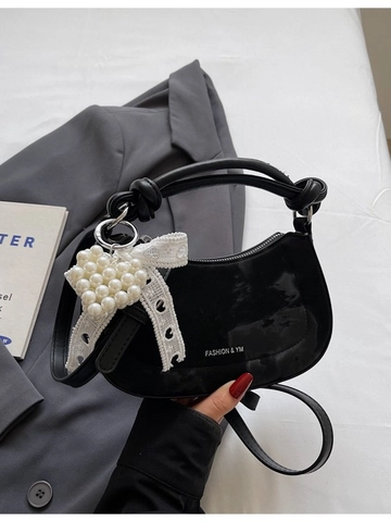Sac Dumpling de Mode en Cuir PU pour Femmes Poignée Nouée Charme de Coeur en Perle Artificielle Sac à Bandoulière pour Quotidien Fête