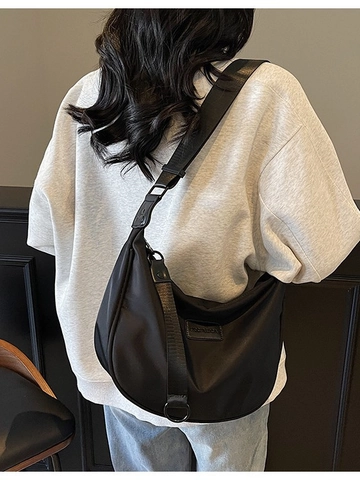 Women Casual Nylon Hobo Crossbody Bag Large Capacity Waterproof Half Moon Shoulder Bag Wide Strap Commuting Utility Bag
