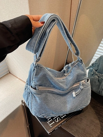 Sac Bandoulière en Denim Grande Capacité pour Femmes Vintage Délavé à l'Eau Sac Cabas Multipoches Décontracté Quotidien Sac à Épaule Large Bandoulière Rivets