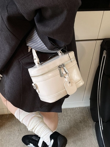 Damen PU Leder Kosmetiktaschen-Stil Beuteltasche Retro Chic Box Umhängetasche Mit Tragegriff Silberne Beschläge Reißverschluss Kleine Handtasche
