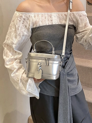 Damen PU Leder Kosmetiktaschen-Stil Beuteltasche Retro Chic Box Umhängetasche Mit Tragegriff Silberne Beschläge Reißverschluss Kleine Handtasche