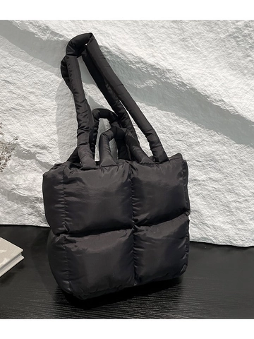 Women Quilted Puffer Tote Bag Large Capacity Nylon Padded Shoulder Bag Casual Commuter Handbag Solid Color Versatile Fashion Bag