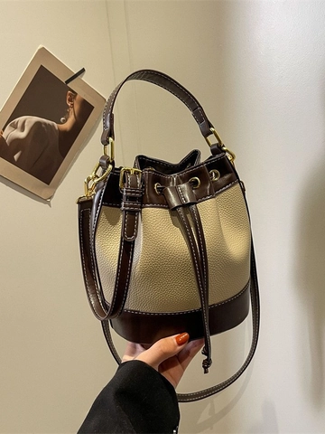 Bolso de Cubo de Cuero PU de Color de Contraste para Mujer Cordón Vintage Bolso de Hombro Versátil Bolso de Mano Diario
