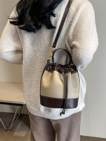 Bolso de Cubo de Cuero PU de Color de Contraste para Mujer Cordón Vintage Bolso de Hombro Versátil Bolso de Mano Diario