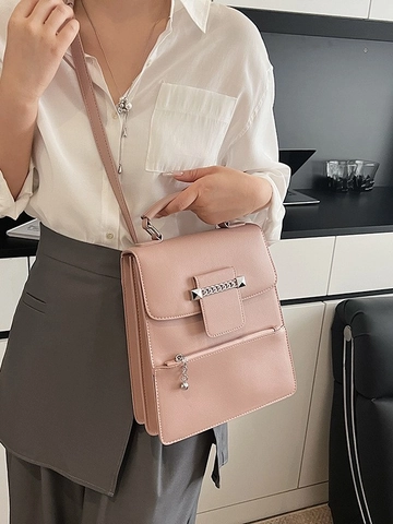 Fashion Women PU Leather Handbag Large Capacity Shoulder Crossbody Bag With Metal Chain Rivet Detail Korean Box Bag