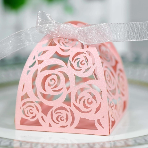 Scatola Caramelle Matrimonio Taglio Laser Rosa Carta Perlata Vuota Con Nastro per Bomboniere Evento