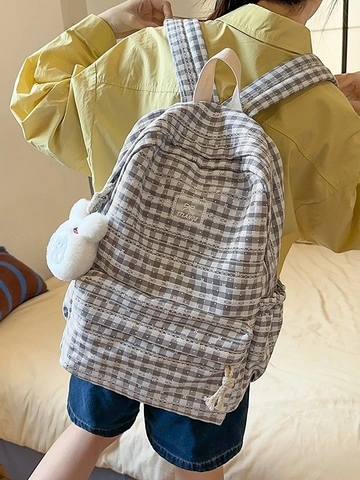 Checkerboard Backpack For Women Teen Girls Nylon Gingham Schoolbag Lightweight Daypack With Plush Doll Pendant Lace Trim