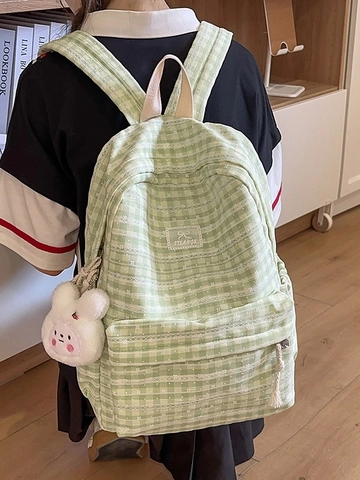 Checkerboard Backpack For Women Teen Girls Nylon Gingham Schoolbag Lightweight Daypack With Plush Doll Pendant Lace Trim