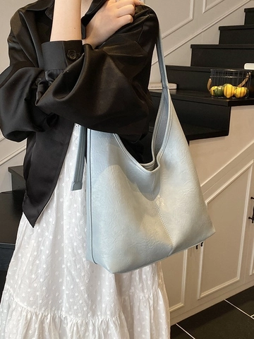 Women Large Capacity PU Leather Bucket Bag Minimalist Solid Color Hobo Tote Bag Adjustable Strap Commuter Shoulder Bag