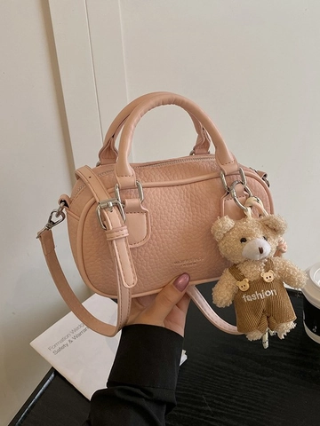 Women Mini PU Leather Bowling Bag Lychee Texture Handbag Small Boston Crossbody Bag With Teddy Bear Plush Charm Daily Fashion Top Handle Bag