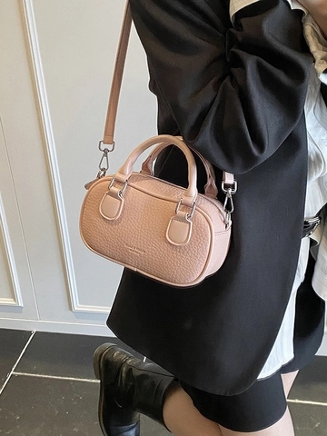 Women Mini PU Leather Bowling Bag Lychee Texture Handbag Small Boston Crossbody Bag With Teddy Bear Plush Charm Daily Fashion Top Handle Bag