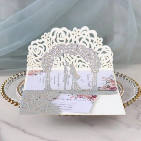 3D Pop-up Wedding Invitation Card Laser Cut Rose Floral Groom Bride Heart Glitter Paper Greeting Card With Envelope