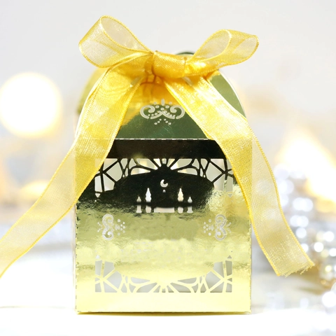 Ramadan Eid Mubarak Lasergeschnittene Süßigkeitenbox Moschee Mond Stern Hohl Papier Schokoladenbox Mit Band Islamische Party Geschenkbox