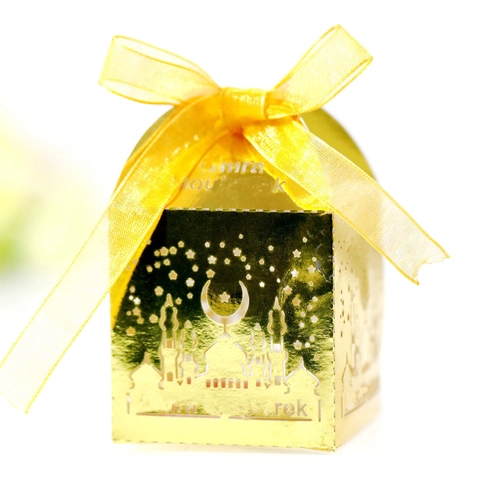 Laser Uitgesneden Snoepdozen Lint Holle Ster Maan Moskee Eid Mubarak Ramadan Geschenkdozen Parelmoer Papier Verpakking Bruiloft