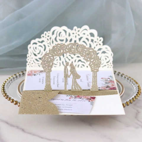 3D Pop-up Wedding Invitation Card Laser Cut Rose Floral Groom Bride Heart Glitter Paper Greeting Card With Envelope