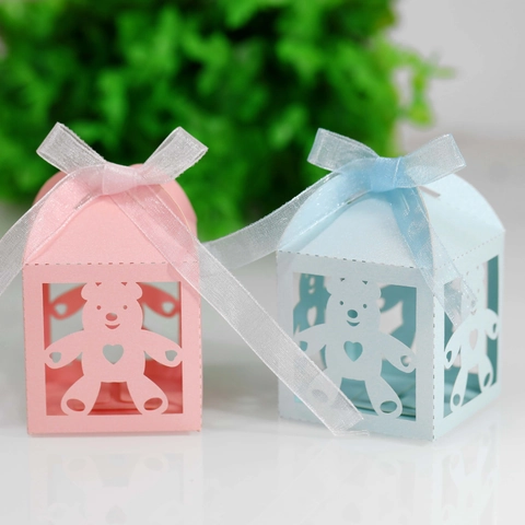 Caja de Caramelos de Oso de Peluche Hueca Con Lazo Corazón Caja de Regalo de Papel Cortada con Láser para Boda Baby Shower Fiesta