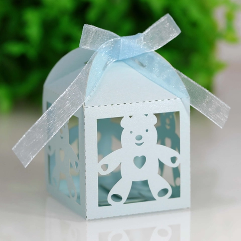 Caja de Caramelos de Oso de Peluche Hueca Con Lazo Corazón Caja de Regalo de Papel Cortada con Láser para Boda Baby Shower Fiesta