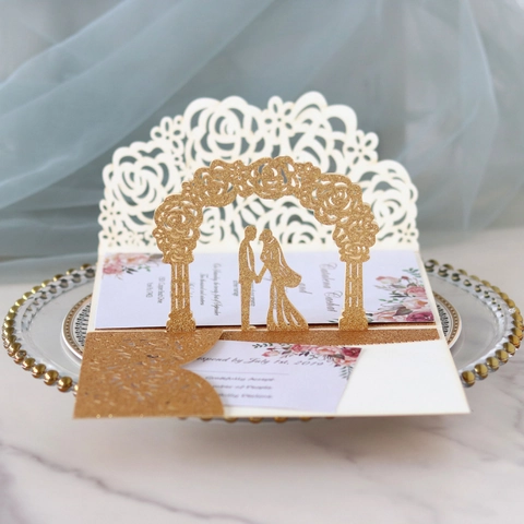 3D Popup Wedding Invitation Card Laser Cut Glitter Rose Couple Silhouette Engagement Romantic Party Invitation With Envelope