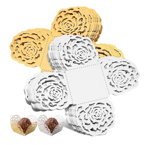Laser Cut Hollow Rose Flower Paper Chocolate Wrappers Liners For Wedding Party Candy Decoration Holders Gold White