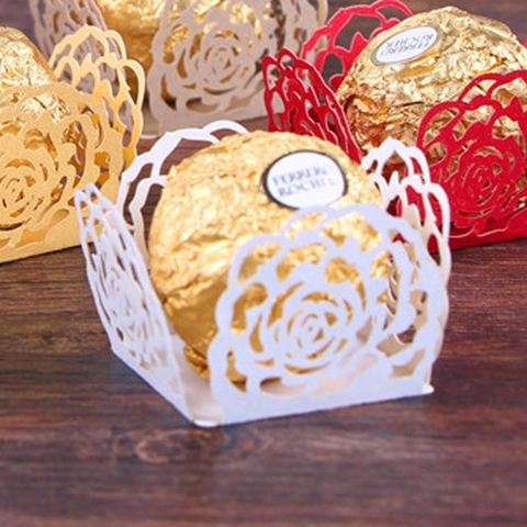 Lasergeschnittene Rosen Pralinenverpackung Aus Perlmuttpapier Hohl Dessert Cupcake Liner Hochzeit Party Tischdekoration
