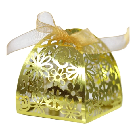 Laser Cut Floral Heart Wedding Candy Gift Box Metallic Cardstock Hollow Out Chocolate Packaging With Ribbon Party Favor