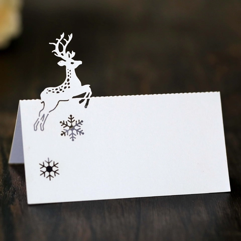Laser Cut Reindeer Christmas Place Cards Pearlescent Paper Snowflake Hollow Table Name Cards For Wedding Party Decoration