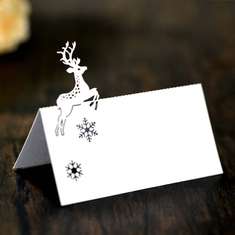 Laser Cut Reindeer Christmas Place Cards Pearlescent Paper Snowflake Hollow Table Name Cards For Wedding Party Decoration