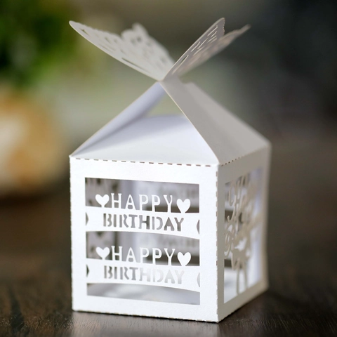 Laser Gesneden Vlinder Happy Birthday Snoepdoos Opengewerkt Parelmoer Papier Geschenkdoos Voor Verjaardag Feest Artikelen Verpakking Decor