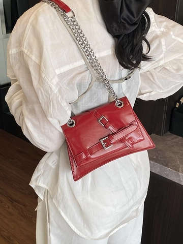 Women Fashion PU Leather Crossbody Bag Trend Small Square Bag Metal Chain Shoulder Bag With Buckle Commuter Handbag