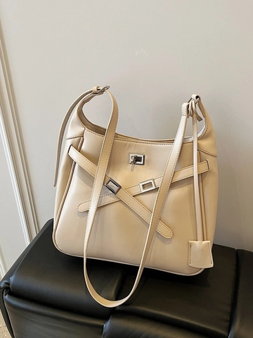 Women Large Capacity PU Leather Bucket Bag Minimalist Stitching Crossbody Bag Urban Commuter Shoulder Bag With Metal Lock
