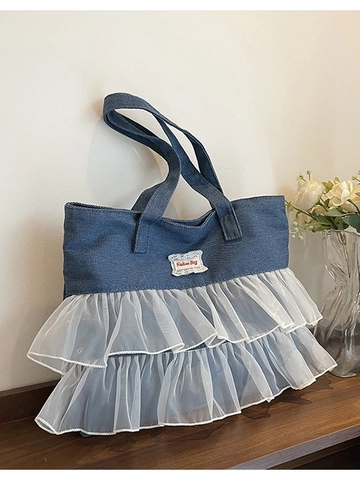 Borsa Tote in Tela Denim di Grande Capacità Con Volant in Pizzo Borsa a Tracolla Per Donne Studenti Casual Dolce Moda