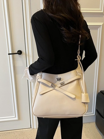Women Large Capacity PU Leather Bucket Bag Minimalist Stitching Crossbody Bag Urban Commuter Shoulder Bag With Metal Lock